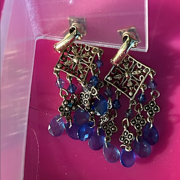 Clip on Elegant Blue and Gold Chandelier Earrings - Picture 3 of 7